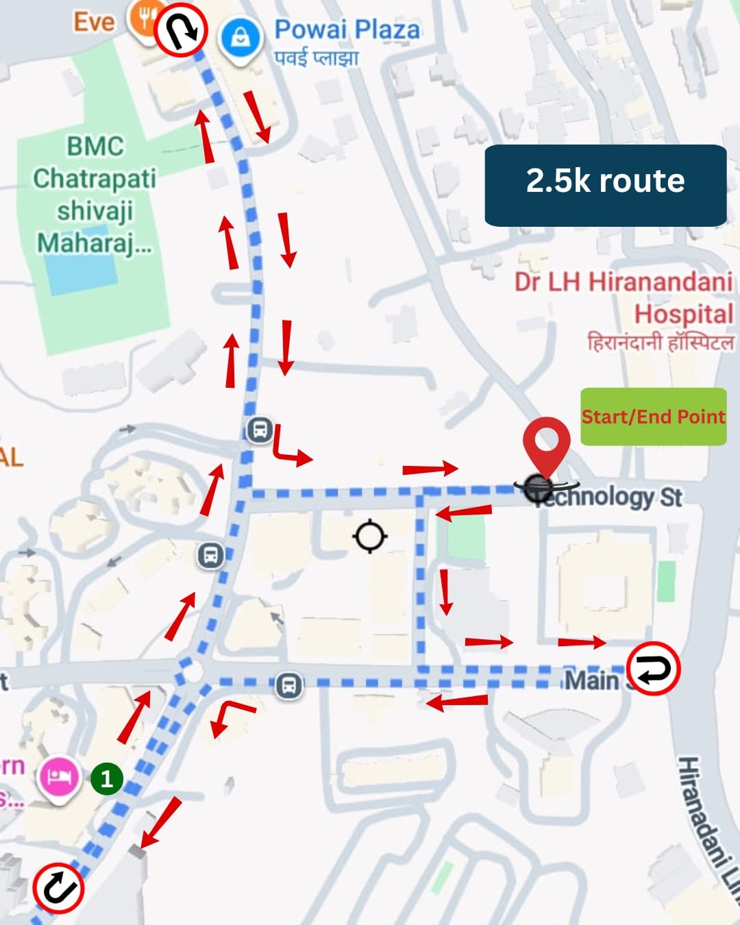 2.5K route map, Downtown Powai, start and finish at Technology Street