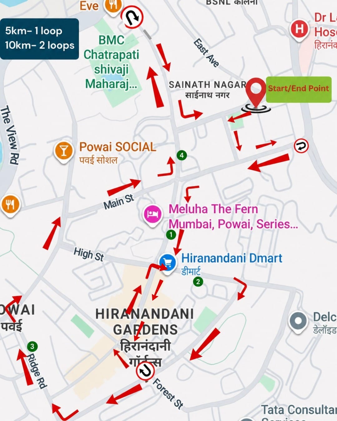 5K one loop and 10K two loops route map, Downtown Powai